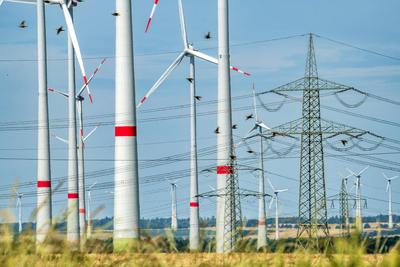 Windpark Sintfeld, ein Vogelschwarm fliegt durch einen der gr??ten deutschen Windparks, Kreis Paderborn, Juli 2024 Deuts-stock-foto