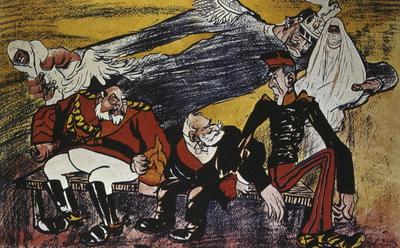 French satirical cartoon 1905 depicting French, German and Spanish rivalry in Morocco. Kaiser Wilhelm II and King Alphon-stock-foto