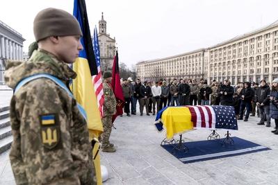 Memorial service for U.S. Marine Corps veteran Ethan Hertweck, who fell serving as a combat medic with the Ukrainian arm-stock-foto