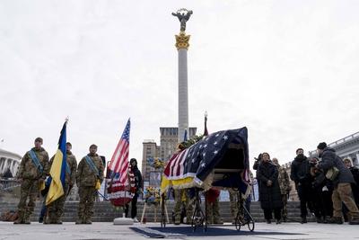 Memorial service for U.S. Marine Corps veteran Ethan Hertweck, who fell serving as a combat medic with the Ukrainian arm-stock-foto