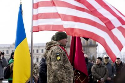 Memorial service for U.S. Marine Corps veteran Ethan Hertweck, who fell serving as a combat medic with the Ukrainian arm-stock-foto