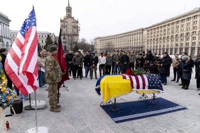 Memorial service for U.S. Marine Corps veteran Ethan Hertweck, who fell serving as a combat medic with the Ukrainian arm-stock-foto