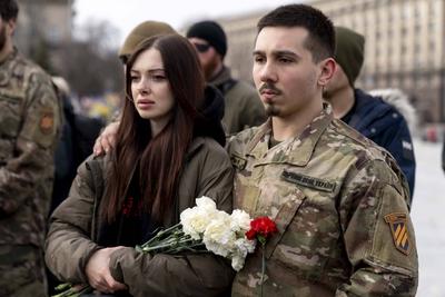 Memorial service for U.S. Marine Corps veteran Ethan Hertweck, who fell serving as a combat medic with the Ukrainian arm-stock-foto