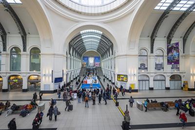Ausstellung ,Selten allein, in der Kuppelhalle des Dresdner Hauptbahnhofes-stock-foto
