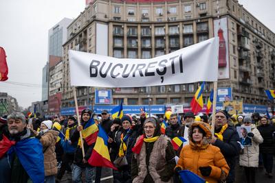 Bucharest, Romania, March 1, 2025,AUR supporters and backers of former presidential candidate Calin Georgescu are holding a protest in Bucharest-stock-photo
