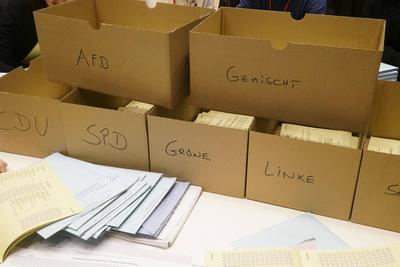 Stimmzettel auf dem haufen nach Parteien sortiert geordnet Sortieren und Auszaehlen der Briefwahl Stimmen von Buergern zur Hamburgischen Buergerschaft am 03.03.2025 im Hamburger CCH HH Deutschland *** Ballot papers on the pile sorted by party Sorting and counting of postal votes of citizens for the Hamburg Parliament on 03 03 2025 in Hamburg CCH HH Germany-stock-foto