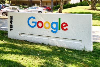 Mountain View, California, United States of America - June 13, 2024: The Google logo on a company sign at the company he-stock-photo
