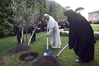 Historisches Treffen im Vatikan: Auf Einladung von Papst Franziskus haben der israelische und der pal?stinensische Prae-stock-photo
