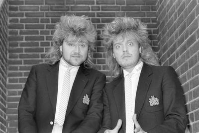 Bruce & Bogo (Popduo) 05/86 scha Bruce & Bongo am Rande eines Auftritts im WWF-Club (WDR) am 29. Mai 1986 TV Fernsehen S-stock-photo