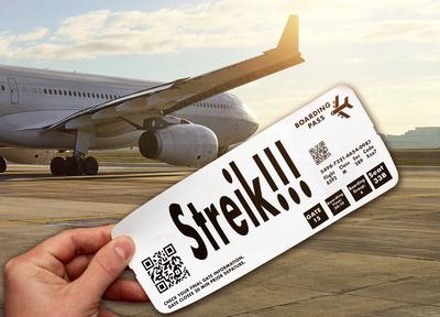 Bavaria, Germany - March 6, 2025: PHOTOMONTAGE, a flight ticket with the inscription Strike is held in front of an airpl-stock-foto