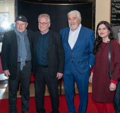 Wiesbaden, Germany - April 5th 2019: Volker Schl?ndorff, Daniel Cohn-Bendit and Mario Adorf at Caligari Wiesbaden Wiesba-stock-foto