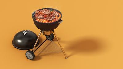 Meat slices on the barbecue. Copy space on the right. 3D illustration Meat slices on the barbecue. Copy space on the rig-stock-foto