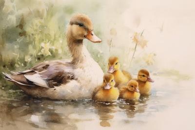 Aquarellmalerei von Entenk?ken und Mutter auf wei?em Hintergrund *** Watercolour painting from Ducklings and Mother at w-stock-photo
