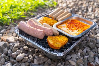 Bavaria, Germany - 2 September 2023: Vegetarian Grilling, Bratwurst Vegan and Vegetarian on a disposable grill on pebble-stock-foto