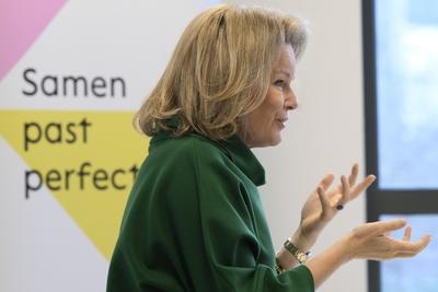 Queen Mathilde Visits School In VIlvoorde-stock-photo