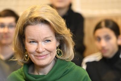 Queen Mathilde Visits School In VIlvoorde-stock-photo