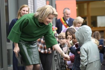 Queen Mathilde Visits School In VIlvoorde-stock-photo