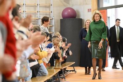 Queen Mathilde Visits School In VIlvoorde-stock-photo