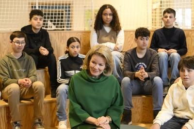 Queen Mathilde Visits School In VIlvoorde-stock-photo