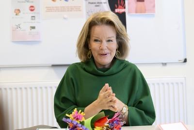 Queen Mathilde Visits School In VIlvoorde-stock-photo