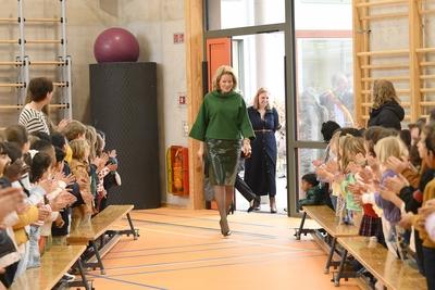 Queen Mathilde Visits School In VIlvoorde-stock-photo
