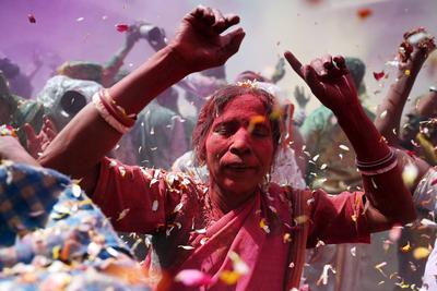 Widows celebrate Holi festival in India-stock-photo