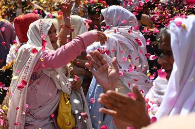 Widows celebrate Holi festival in India-stock-photo