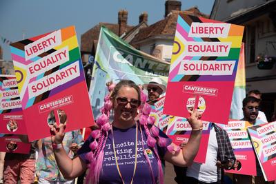 People and supporters parading at the pride parade at Canterbury city in Kent UK Canterbury, Kent, United Kingdom, June-stock-photo