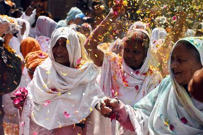 Widows celebrate Holi festival in India-stock-photo