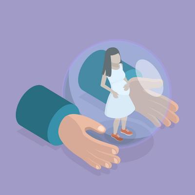 3D Isometrische flache Illustration von Safety Bubble, Erhaltung der Schwangerschaft<br>Isometrische 3D-Flachillustration der Sicherheitsblase, Erhaltung der Schwangerschaft-stock-foto