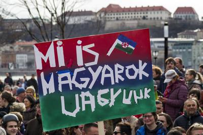 Demonstration against Roma segregation, Budapest, Hungary UNGARN, 23.02.2020, Budapest V. Bezirk. Demonstration am Parla-stock-photo