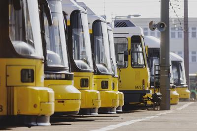 Trams der Berliner Verkehrsbetriebe BVG stehen auf dem Betriebsbahnhof Lichtenberg in Berlin, 29.02.2024. Ver.di hat fue-stock-photo