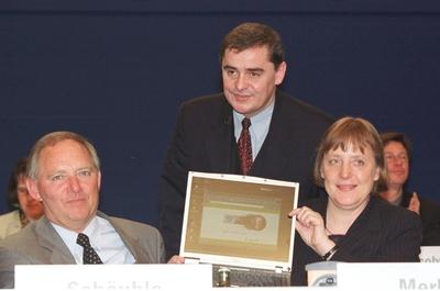 Der ehemalige Unionschef Dr. Wolfgang Sch?uble, der saarl?ndische Ministerpr?sident Peter M?ller und die neue Vorsitzen-stock-photo
