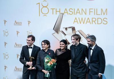 HONG KONG, CHINA - MARCH 16: The Best Film winner All We Imagine as Light cast receive an interview during the 18th Asia-stock-foto