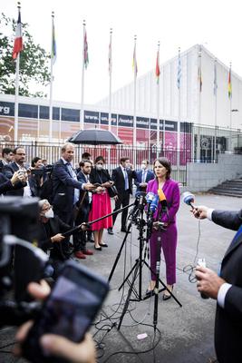 Annalena Baerbock, Bundesaussenministerin, aufgenommen bei einem Doorstep vor dem Hauptgebaeude der Vereinten Nationen-stock-photo