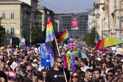 LGBTQ parade Budapest Pride, Hungary UNGARN, 24.07.2021, Budapest V. Bezirk. Budapest Pride, jaehrlicher Aufzug der Homo-stock-photo