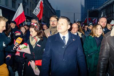 Independence March organized by far-right and nationalist circles. MP of the far-right Konfederacja party, Slawomir Ment-stock-photo