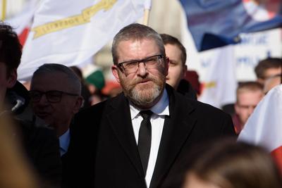 Poland For Peace demonstration in Warsaw. Polish far-right politician and member of the parliament Grzegorz Braun is pic-stock-photo