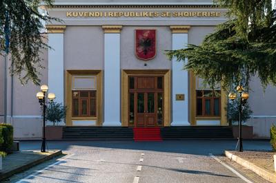 Facade of the parliamanet of Albania in Tirana, Albania, DEC 7, 2024-stock-foto