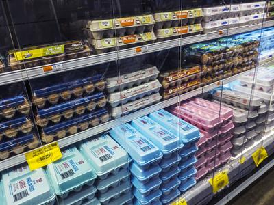 Here we go again with egg prices Eggs in a supermarket in New York on Wednesday, September 25, 2024. Egg prices rose 28.-stock-photo