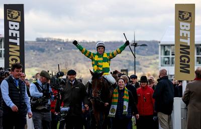 Harry Skelton on The New Lion is led in by Becks after winning 12/3/2025-stock-photo