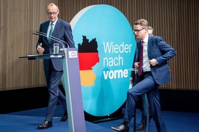 Pressekonferenz der CDU Deutschlands nach ihrer Gremiensitzungen-stock-foto