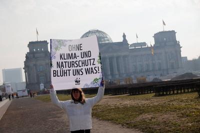 Deutschland, Berlin, Demonstration: Platz der Republik, WWF: Ohne Klima- und Naturschutz bl?ht uns was *** Germany, Berl-stock-foto