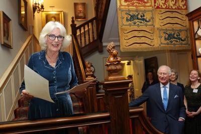 King Charles and  Queen Camilla at Clarence House reception-stock-photo