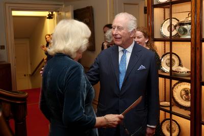 King Charles and  Queen Camilla at Clarence House reception-stock-photo