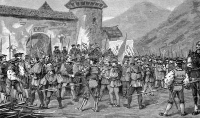 Deutscher Bauernkrieg, 1524-1526, Entwaffnung der Tiroler zu Radstatt / German Peasants War, 1524-1526, disarming the Ty-stock-foto