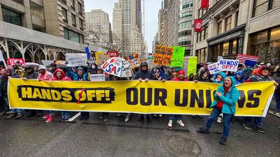 Demonstrators gathered at the 'Hands Off!' protest against the Trump-stock-foto