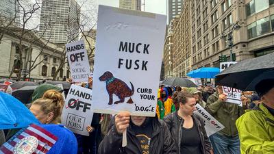 Demonstrators gathered at the 'Hands Off!' protest against the Trump-stock-foto