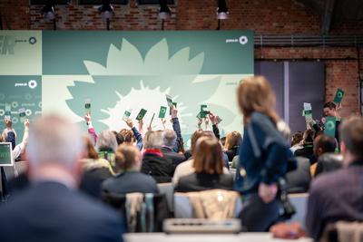 B?ndnis 90 / Die Gr?nen ? L?nderrat ? kleiner Parteitag in Berlin ? Abstimmung mit Stimmkarten-stock-foto