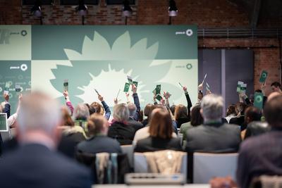 B?ndnis 90 / Die Gr?nen ? L?nderrat ? kleiner Parteitag in Berlin ? Abstimmung mit Stimmkarten-stock-foto